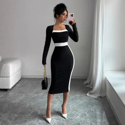Elegant Slim-fit Chic Womens Dress Featuring square Neckline Long Sleeves Sheath Silhouette Knitted Fabric Color Blocking
