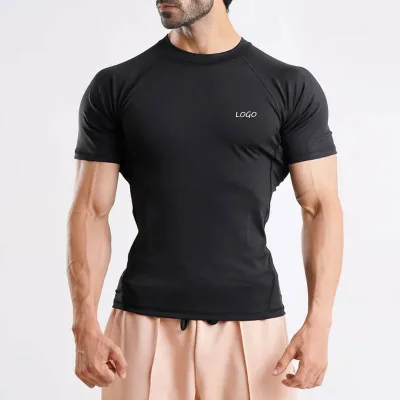 OEM Summer Breathable Polyester Spandex Muscle Fit Custom Logo Printed Workout Training T-shirt Men's Gym Compression Shirt