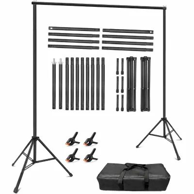 Photography Backdrop Frame Stand with Extendable Splicing Pole Hanging Rod Metal Green Cloth for Live-Streaming Green Screen