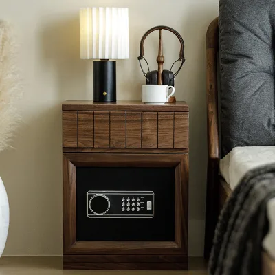 Black Walnut Modern Bedroom Bedside Table Nightstand Safe Integrated Storage Cabinet Anti-theft Solid Wood Construction Code