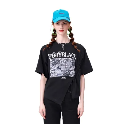 High Quality Streetwear Drawstring Design Women's T Shirt Dtg Print O Neck T Shirt for Women