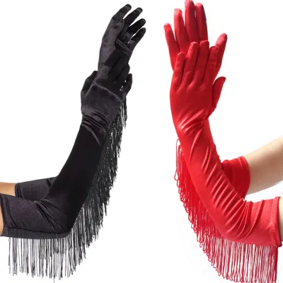 Women Sexy Satin Gloves Banquet Cocktail Party Opera Mitten Stretchy Long Fringe Gloves Dress Accessory Adult Costume Gloves