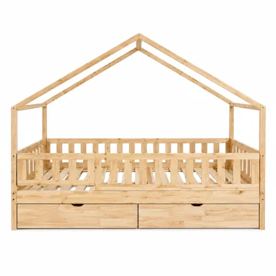 Chuangjin Montessori Wooden House Bed with Guardrail and Storage Drawers for Toddler Kids Room Activity Furniture