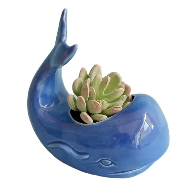Blue Ceramic Fish Shape Flower Pot Novelty Table Top Decoration Flower Pot