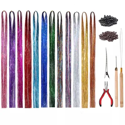 47 Inches Tinsel Hair 2400 Strands Hair Tinsel Extensions for Women Girls Glitter Hair Kit for Christmas Halloween Cosplay Party