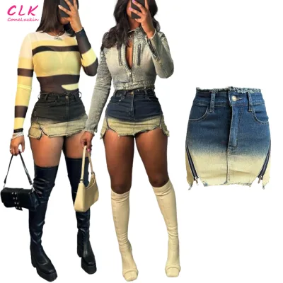 New Denim Women Sexy Double Zipper Vintage Two Tone Mini Jean Skirt Stretchy Denim Skirt for Ladies Chic Y2K Clothing