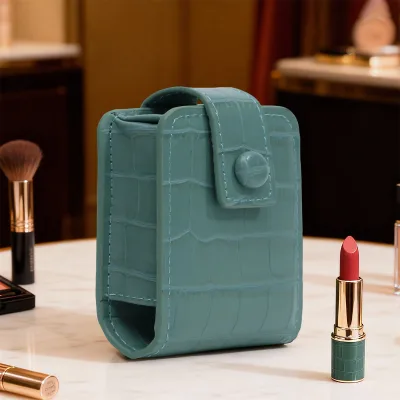 Christmas Gift Bag Leather Lipstick Holder with Mirror Snap Closure Mini Makeup Bag for Women