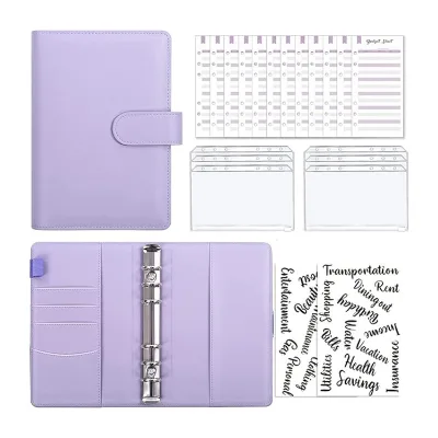OEM/ODM Purple Hardcover Loose Leaf Ring Binder with Cash Envelopes Pu Leather Cover A5/A6 Sizes Budget Planner