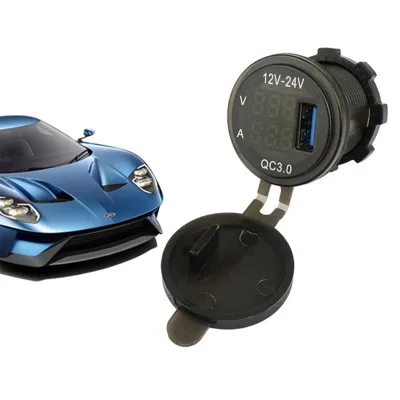 12-24V QC3.0 Fast USB Car Charger Socket with Digital Voltmeter Ammeter Waterproof Dust Cap for RV Camper Yacht Motorcycle