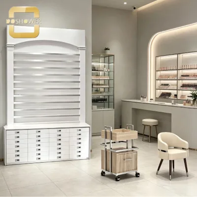 Large Capacity Beauty Product Display Rack with Arch Shaped Top Decoration and Drawer Compartments for Nail Supply Store