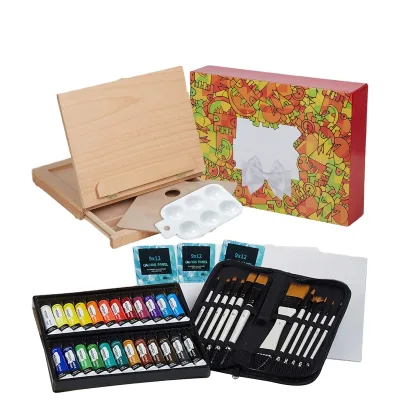 46 Pcs Easel Painting Set With Acrylic Paints Set Canvas Panels Brushes Set Wood Palette