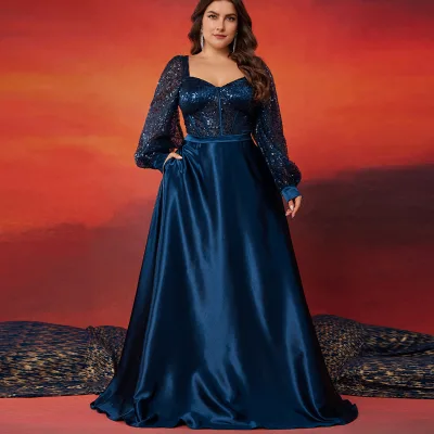 Impereal Luxury Satin A-Line Mother of Bride Dress Elegant Women's Plus Size Maxi Dress V-Neck Long Sleeve Sequins Parties Prom