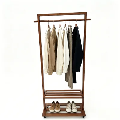 JB Wooden Rail Clothes Rack 2 in 1 Garment Rack Cloth Hanger Stand Foldable Coat Rack for Living Room