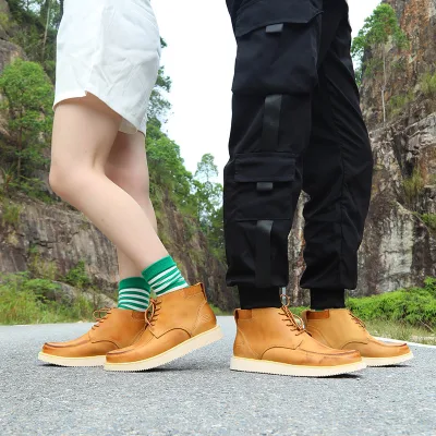 Ankle Boots Unisex Matching Yellow Breathable Outdoor Genuine Leather Anti-skid Shock Absorption Front Lace