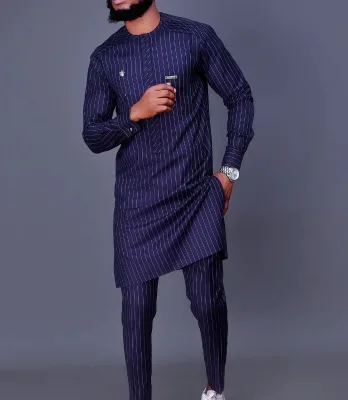 M-4XL Hot Selling Striped Printed Long Sleeved African Ethnic Style Men's Suit Long Sleeved Round Neck Robe and Pants Set