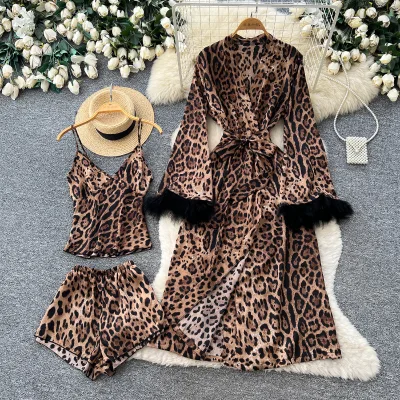 Women Summer 3 Piece Leopard Print Pajama Set Feather Cuff Long Sleeve Robe Cami Top Shorts Sleepwear Loungewear