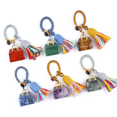Hot Sales Natural Rose Quartz Bag Keychain Creative Handmade Braided Car Clothing Accessory Amethyst Pendant for DIY Gifts