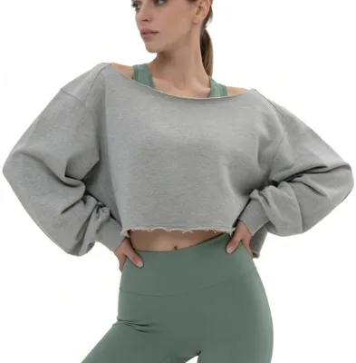 Women's Breathable Loose Sports Off-shoulder Sweatshirt Oversized CasualTop Distressed Hem Cropped Long Sleeve Tshirt