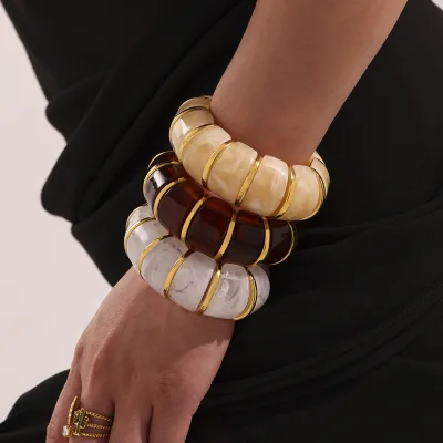 Seaside Vacation Jewelry Chunky Resin Bracelets 18k Gold Plated Stainless Steel Stretch Bangle Punk Jewelry