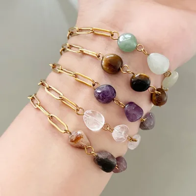 Exquisite Colorful Natural Stone Splicing Paper Clip Chain Stainless Steel Bracelet Fashion Stacked Bracelet for Women Jewelry