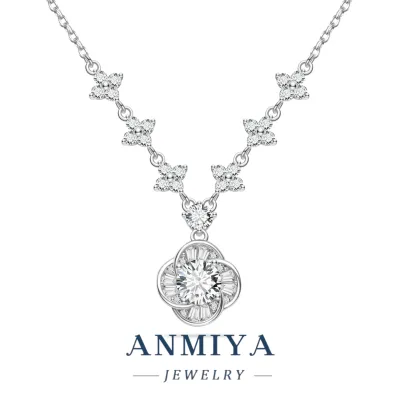 Elegant Vintage Rotating Petal Baguette CZ Floral Chain Pendant 925 Silver Plated Unisex Jewelry for Anniversary Wedding Party