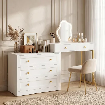 Makeup Vanity Desk, White Vanity with Storage, L Shaped Corner Vanity Desk with 5 Drawers, Modern Dressing Table for Bedroom