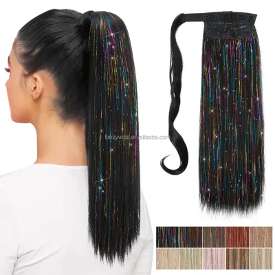 Wholesale Fashion Super Bright Bling Shiny Partytail Highlights Glitter Synthetic Tinsel Hair Extensions Women Straight Yaki