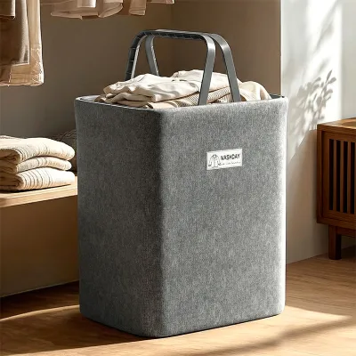 Household Plastic Laundry Basket Toy Storage Bucket Checkered Fabric Cotton-linen Dirty Clothes Hamper Large Size Foldable