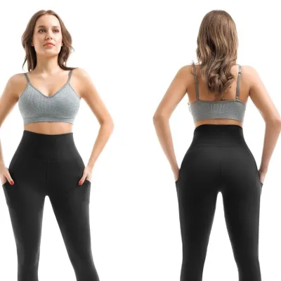 European American Style Sports Seamless Side Pocket Yoga Pants Peach Butt-lifting High-waisted Spandex/Nylon Velour Full Women