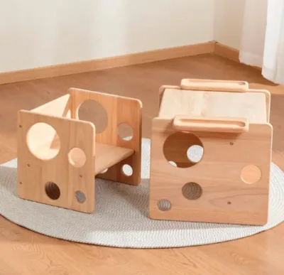 Natural Solid Wooden Activity Table Cube Chair Playroom Furniture Kids Table and Chair Set