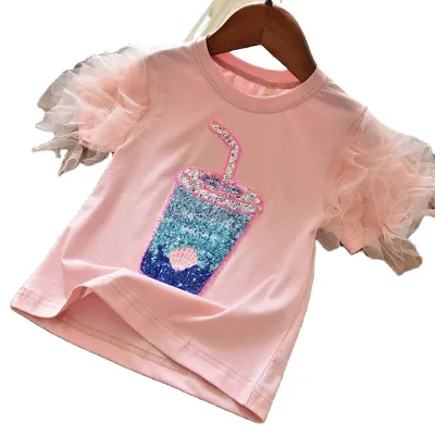 Girls T-Shirt Short Sleeve Tee Kids Cartoon Sequins Printing Tops