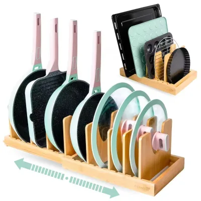 Wholesale Standing Type Wooden Pot Cover Rack Extensible Adjustable Modern Storage Rack with Cutting Board