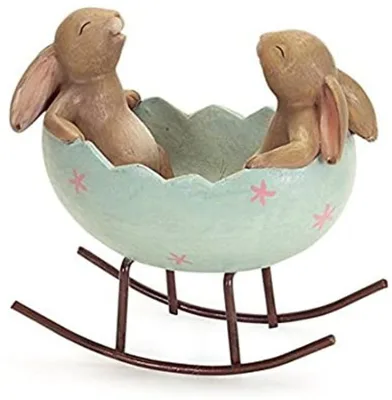 Easter Egg Cradle Spring Easter Decoration Vintage Rustic Country Bunnies Rabbit Figurine Statue (Bunnies in a Cradle)