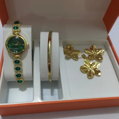 Elegant Lady's Retro Round Color Gem Rainbow Quartz Watch with Stainless Steel Jewelry Set
