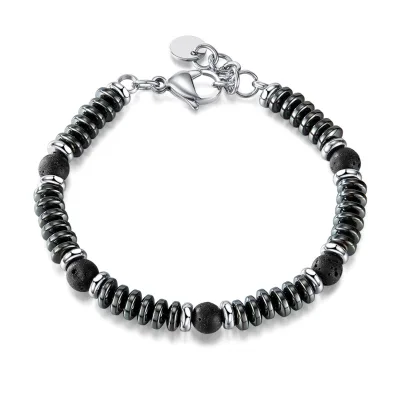 Hot Selling Fashionable Men'S Bracelet Stainless Steel Volcanic Stone Splicing Black Gallstone Stainless Steel Bracelet