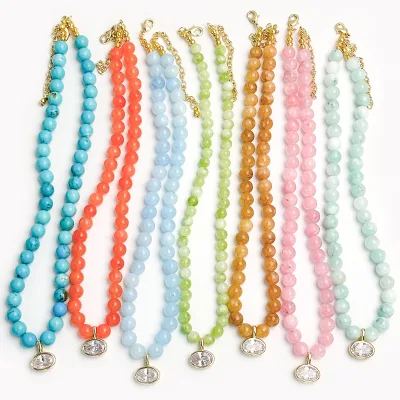 Trendy Crystal Zircon Pendant Necklace with Natural Agate Stone Beads Handmade Beaded Adjustable Gemstone Choker for Daily Wear
