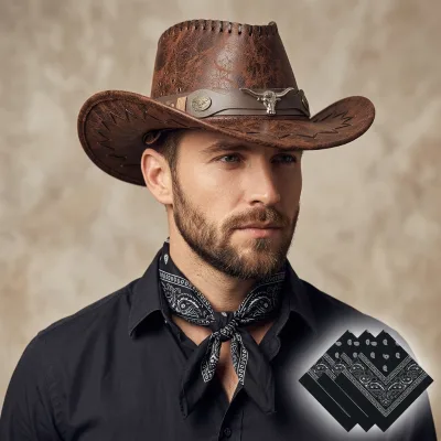 Vintage Striped Faux Leather Western Cowboy Hat with Bull Head Decoration Wide Brim Outdoor Sun Hat for Men and Women