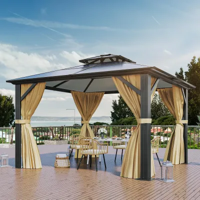 12x14FT Gazebo Hard-Top Double Roof Canopy Outdoor with Netting and Shaded Curtains for Patio, Backyard, Deck and Lawns
