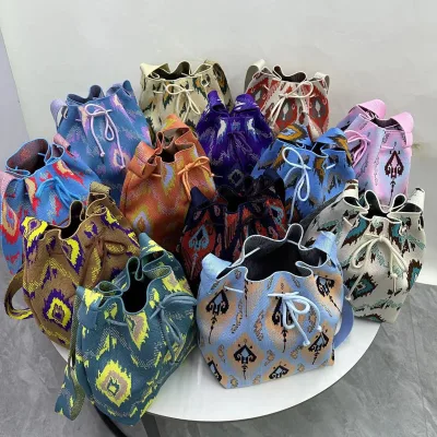 2026 New Luxury Printed Knit Handbag Open Mouth Woven Large Capacity Shoulder Crossbody Bag Women Casual Tote Bag