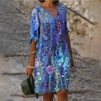 Plus Size 5XL Midi Dress Women Summer 2023 Print Large Clothing Sleeve V Line Chic Elegant Casual Party Dresses