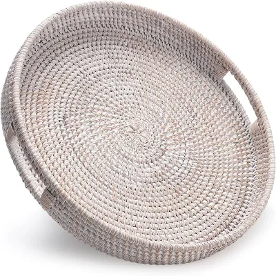 Good Quality Decorative Coffee Table Tray Wicker Serving Basket Woven Round Rattan Storage Tray