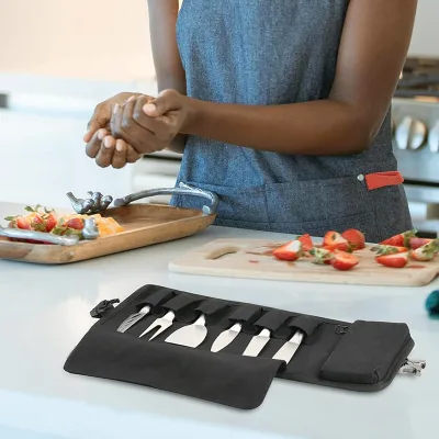 6 Knife Slots and a Zipper Pocket Canvas Chef Knife Roll Bag for Travel Party Holiday Cheese Serving Cheese Knife Set Roll Case