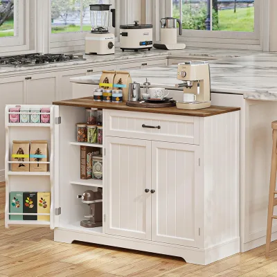 Kitchen Coffee Bar Cabinet with Storage, White and Rustic | Kitchen Sideboard Buffet Cabinet with Drawers