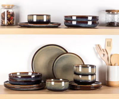 Ceramic Dinnerware Sets for 4, 12 Pieces Handmade Reactive Glaze Plates and Bowls Set, Scratch Resistant Dish Set