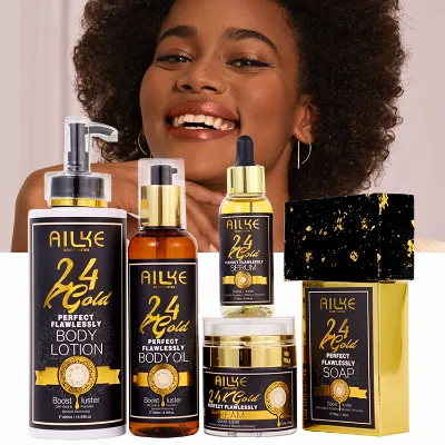 AILKE Whitening Skin Care Set 24K Gold Peptide Papaya Vitamin C Moisturizing Anti-Aging Skin Smoothing Gift Set for Black Skin