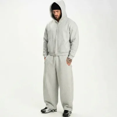 Wholesale Men's Knitted Cotton/Polyester Fleece Oversized Boxy Fit Hoodie Baggy Sweatpants Set Breathable Winter Streetwear