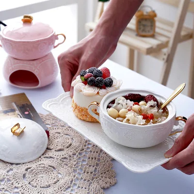 Creative Design European Binaural Embossed Butterfly Steamed Egg Bowl Cup Ceramic Soup Bowls With Tray Set