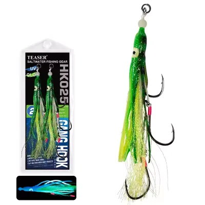 2pcs/pack 6/0 8/0 Soft Silicone Squid Octopus Sea Triple Fishing Hooks Set UV Glow Gang Assist Hooks Baited Octo Jig Assist Hook