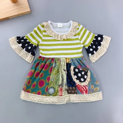 Yihui Baby GirlsLace Collar Dress Toddler Clothing with Short Sleeve Ruffles O-Neck Ruffle Pattern Custom Care Label Accepted