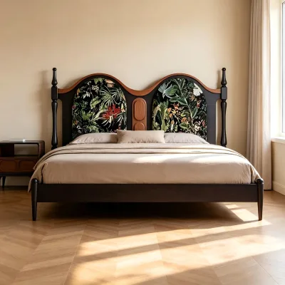 Upholstered Ash Wood Solid Wood Bed Frame Twin/Twin XL Size Fabric Headboard Soft Bed with Floral Design Midcentury Modern